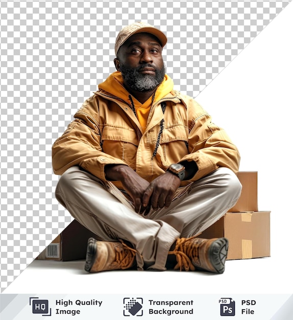 Transparent background psd of deliveryman in brown jacket with black watch gray beard