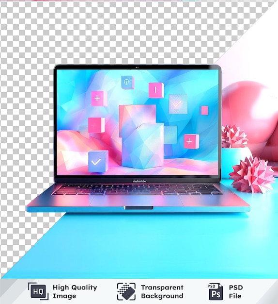 Transparent background PSD devices mockup with LinkedIn icons and colorful elements on pink wall