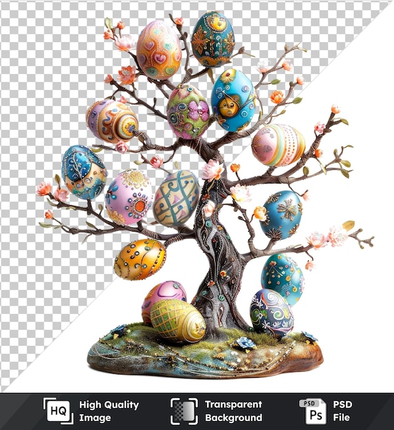 Transparent background psd Easter egg trees with colorful ornaments on transparent background