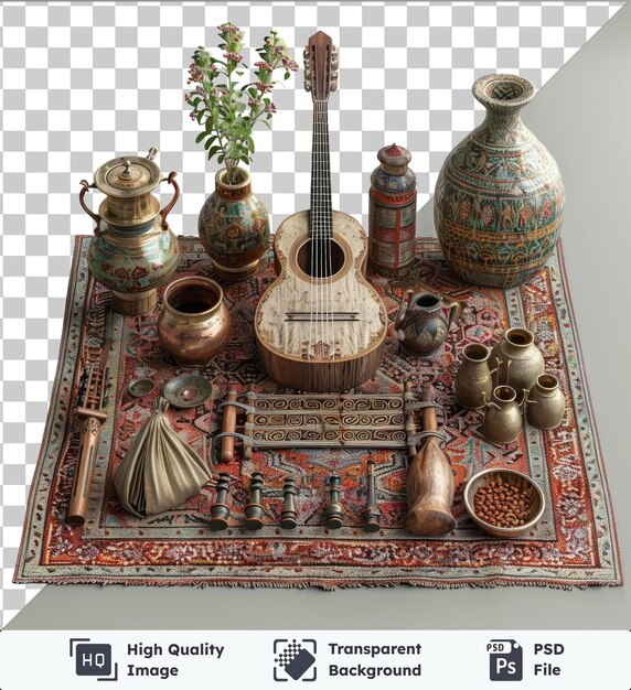 PSD transparent background psd eid al fitr traditional music instruments displayed on a rug accompanied by a vase and a white wall with a brown handle visible in the foreground