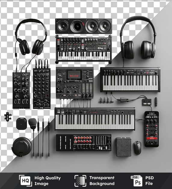 transparent background psd electronic music production set featuring black headphones a white and black keyboard and a black and white key