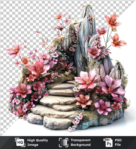 PSD transparent background psd fairy garden scenes with pink blossoms flowers on a rock