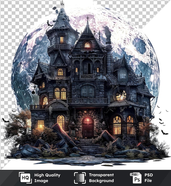 Transparent background psd featuring spooky house with bats for Halloween