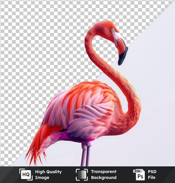 Transparent background psd flamingo illustration with long curved neck orange and red head pink