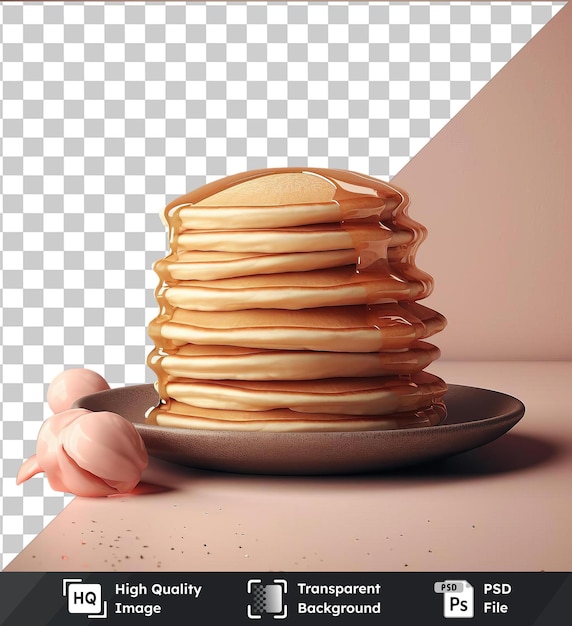 transparent background psd fluffy pancake stack on a plate placed on a transparent background against a white and pink wall with a black shadow in the foreground