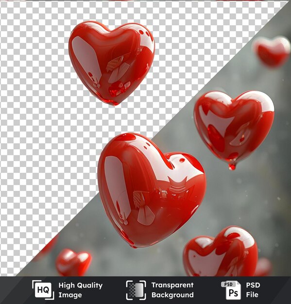 transparent background psd flying red hearts mockup in the air