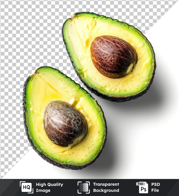 Transparent background psd fresh avocado halves with pit green fruit and shadow