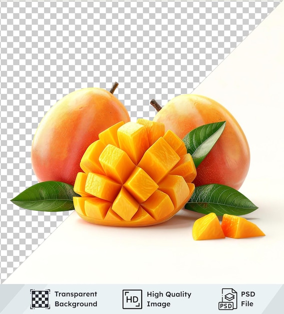 Transparent background psd of fresh mangoes with apple and leaf on brown stem under 100 characters