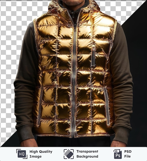 PSD transparent background psd front view capture a gilet gold technical materials fabric label