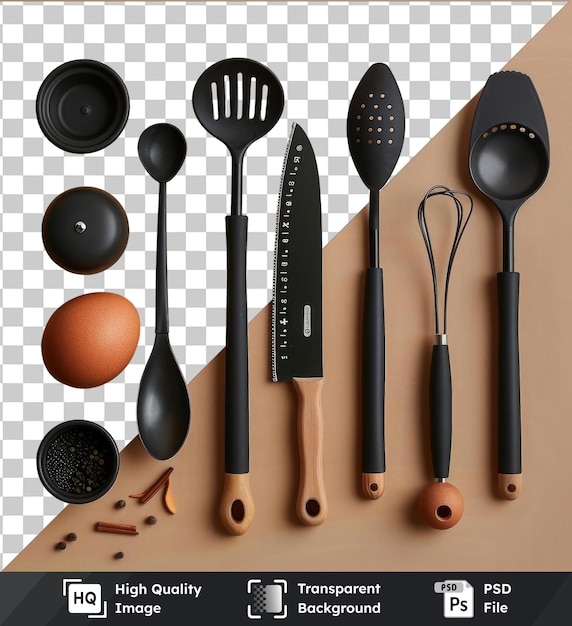 transparent background psd gourmet brazilian cooking tools set featuring a brown egg black spatula and black spoon on a brown table