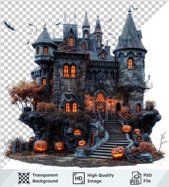 PSD transparent background psd halloween castle with pumpkins and birds flying in the sky