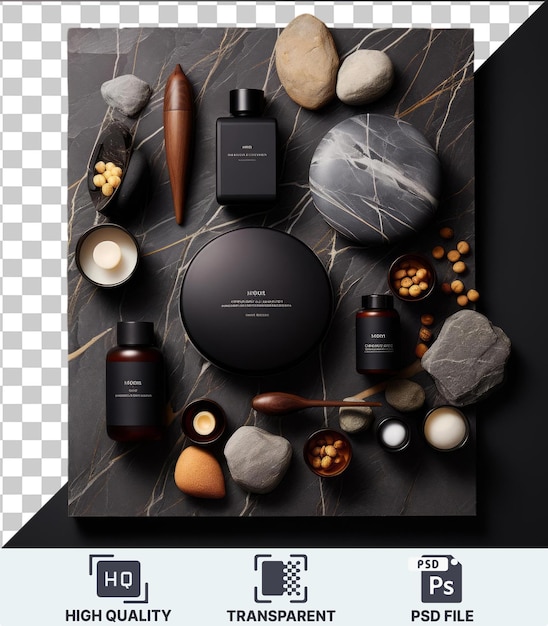 transparent background psd high end luxury spa and wellness products set featuring a wood spoon black bottle and brown bottle