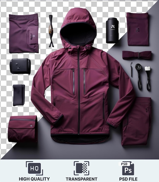 PSD transparent background psd high performance athletic wear set featuring a pink and purple jacket with silver zippers paired with a black and silver zipper and a purple pocket