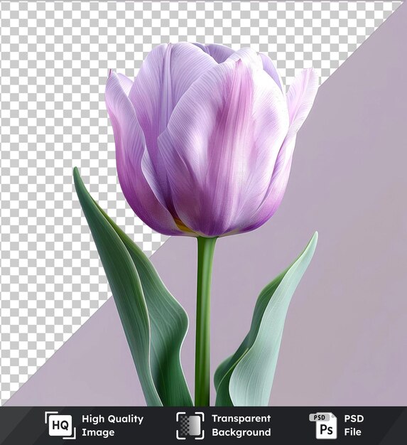 Transparent background psd of highquality soft purple tulips with green leaves against a white