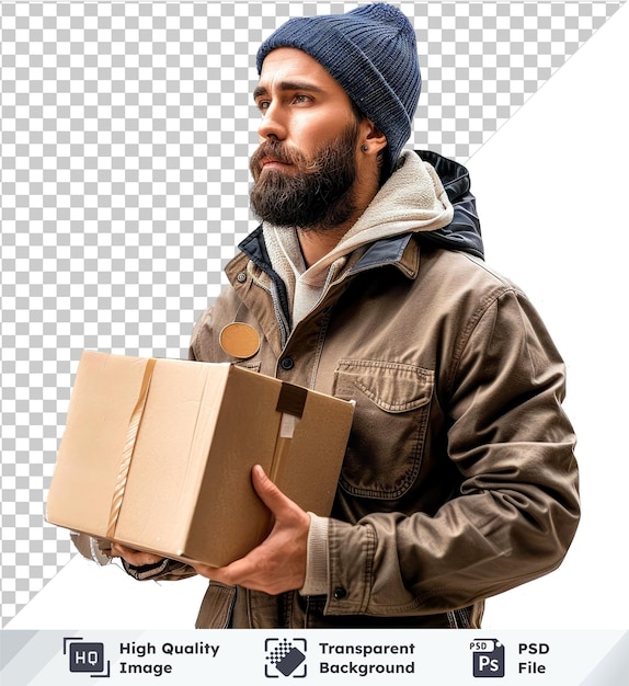 PSD transparent background psd hyperealistic high quality delivery man holding a cardboard box