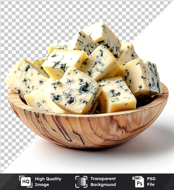 transparent background psd hyperealistic high quality set of cheeses in a wooden bowl