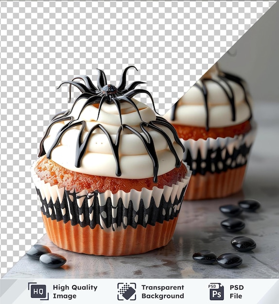 transparent background psd hyperealistic high quality spiderweb cupcakes on a table