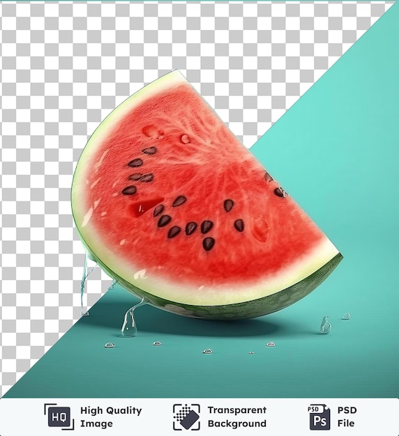 transparent background psd juicy watermelon slice with water droplets and a dark shadow