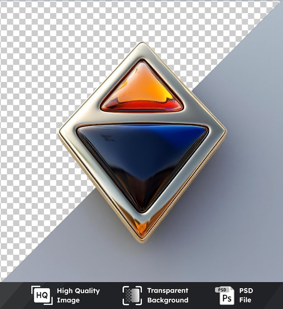 PSD transparent background psd lapel pin featuring a gold triangle shaped design accompanied by a blue and black diamond set against a white and gray wall