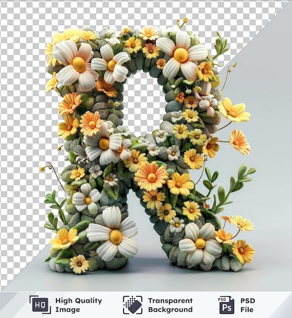 PSD transparent background psd letter r with flower elements flower made of flower 3d rendering