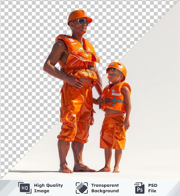 Transparent background psd Lifeguard with child man in orange vest short brown hair large nose