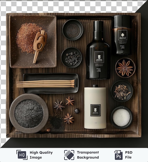 transparent background psd luxury home fragrance set displayed on a wooden tray with a black bottle and a small brown flower