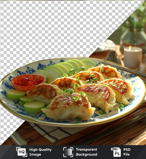 Transparent background PSD of maultaschen meat dumplings on a white plate with cutlery cup and