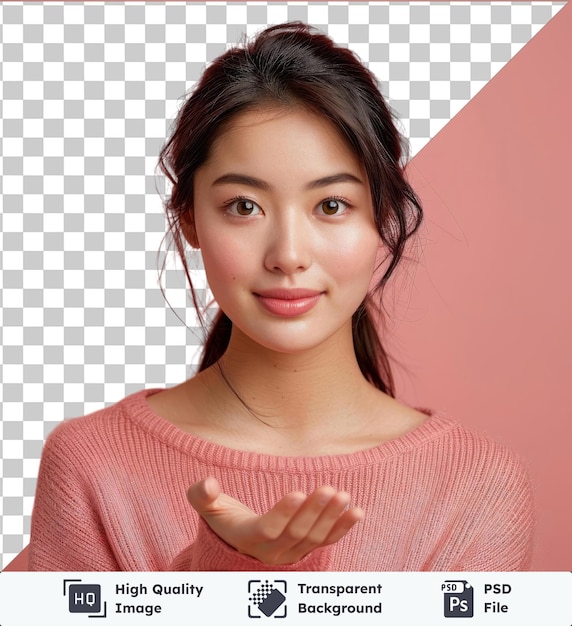 transparent background psd mock up smiling young asian woman raised her hand palm up and you can put something on it