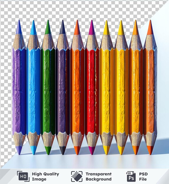 transparent background psd mockup of colored pencils in a row