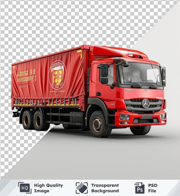 Transparent background psd mockup of a red truck with a beer ad featuring black tires and a red