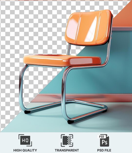 PSD transparent background psd an orange chair with a silver and metal leg against a blue wall