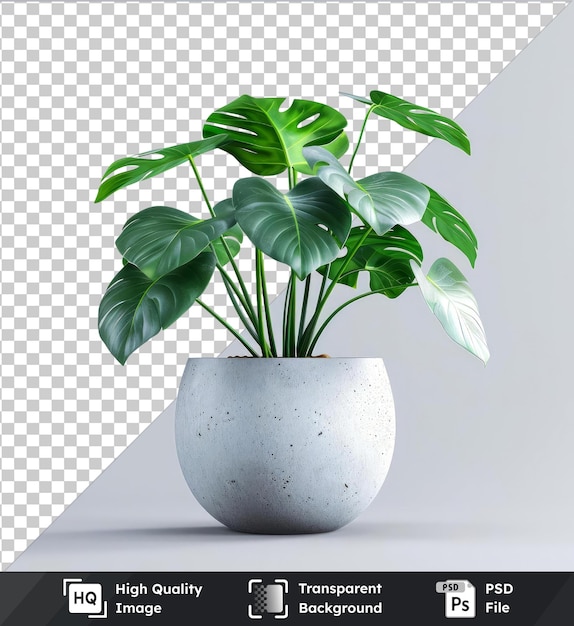 Transparent background psd of philodendron plant in white vase with green leaves and stems casting