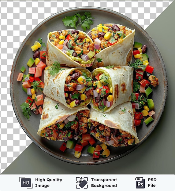 transparent background psd plate of burritos topped with sliced red and purple onions served on a white tortilla placed on a gray table