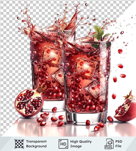 Transparent background psd of pomegranate juice splashing in glasses with seeds