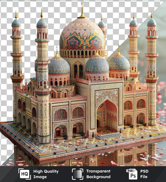 transparent background psd ramadan themed puzzle mat featuring a building with a blue dome and a pink flower