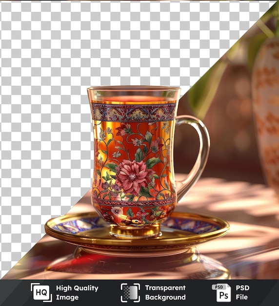 transparent background psd ramadan traditional tea set featuring a gold vase black and brown cups and a black handle set against a gray and white wall