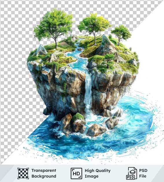 Transparent background psd realistic watercolor landscape with waterfall trees moss rock and white