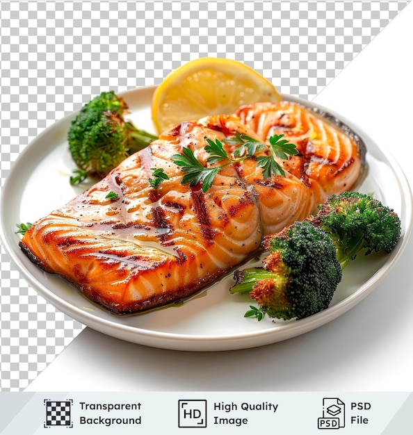 PSD transparent background psd of salmon steak with broccoli on a plate