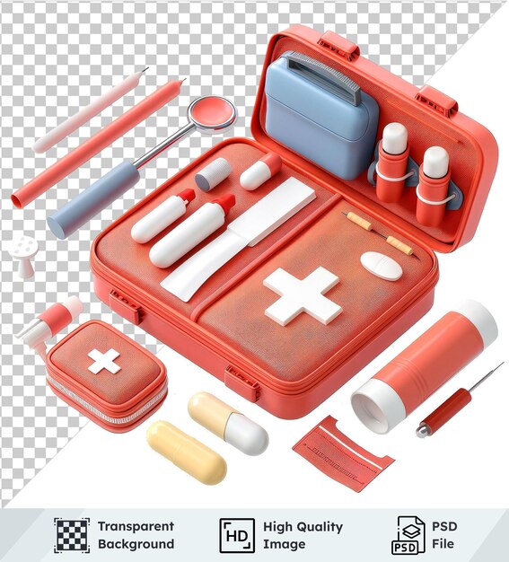 Transparent background psd set of first aid kit red and orange case and pen