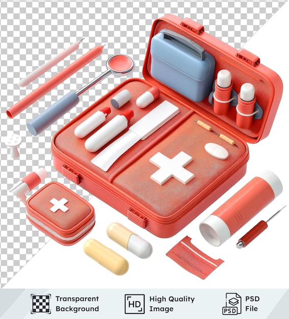 PSD transparent background psd set of first aid kit red and orange case and pen