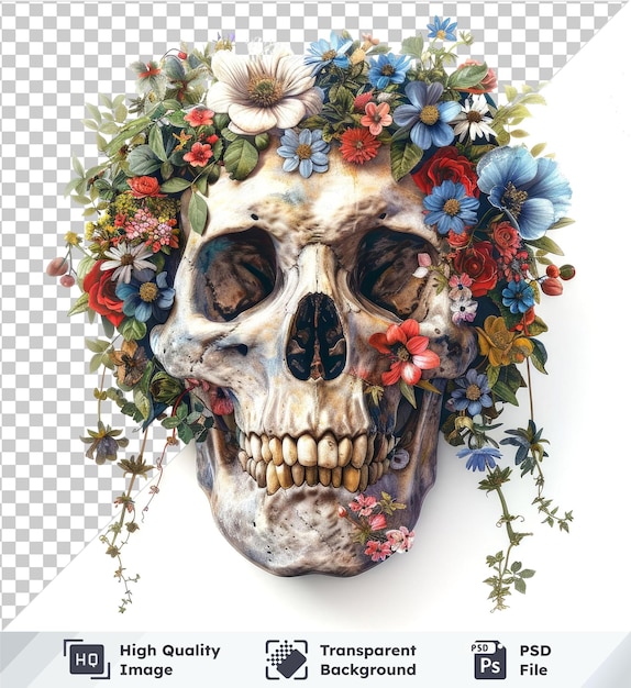 PSD transparent background psd skull with floral wreath on isolated background watercolor illustration