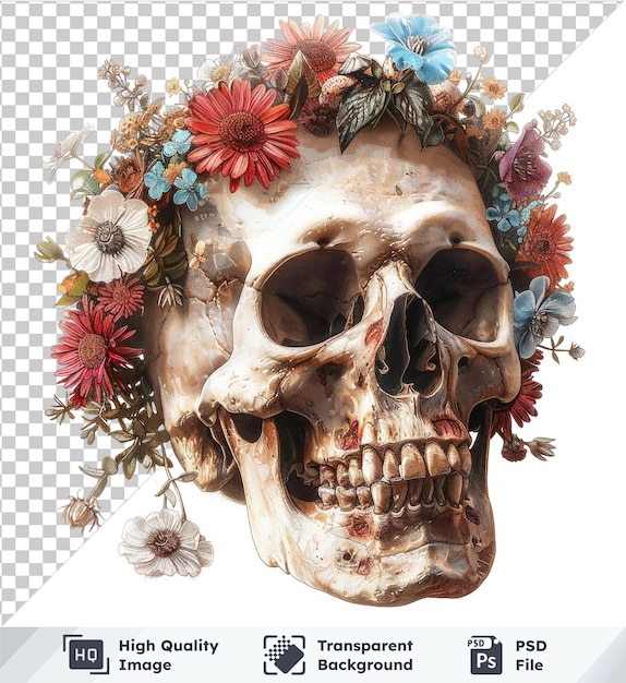 Transparent background psd skull with floral wreath watercolor illustration