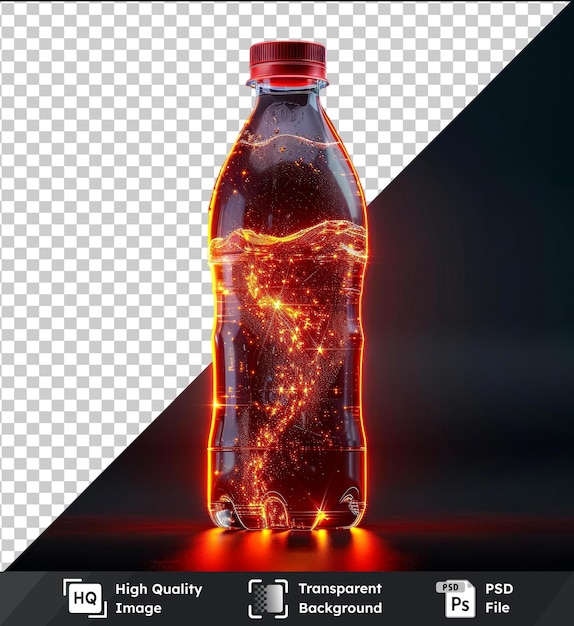 transparent background psd soda bottle with red cap and shiny reflection