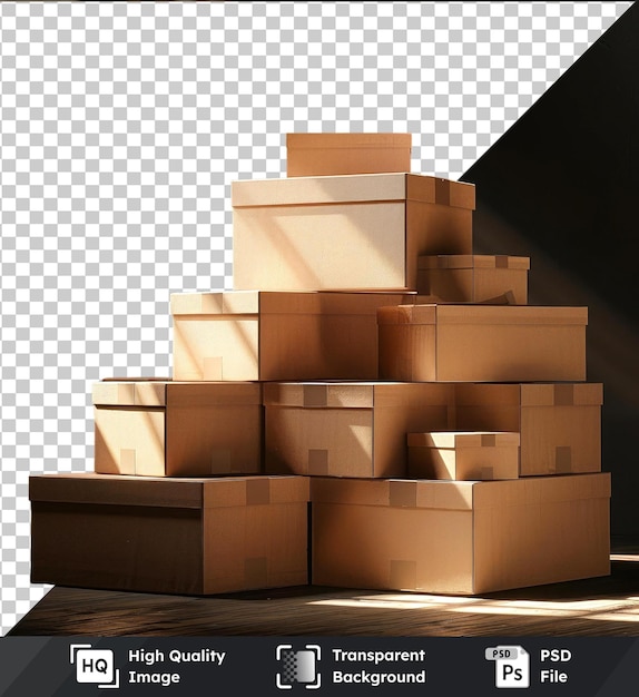 transparent background psd stacked shipping boxes mockup on a wooden floor