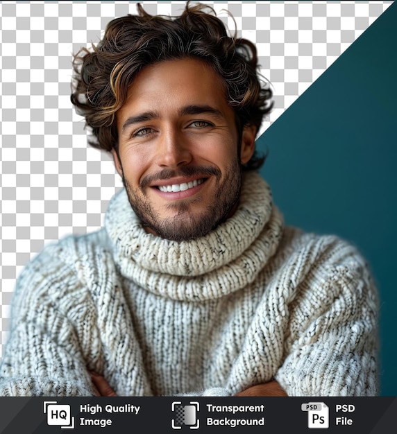 transparent background psd studio shot of happy young handsome man smiling with arms crossed wearing a white sweater and brown hair with a large nose and brown eyes and a small ear visible