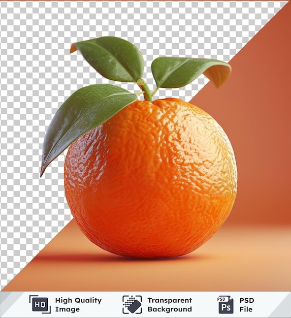 PSD transparent background psd tangerine fruit surrounded by green leaves and stems with a dark shadow in the foreground