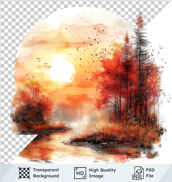 Transparent background psd tranquil autumn sunset watercolor with redorange tree shining sun and