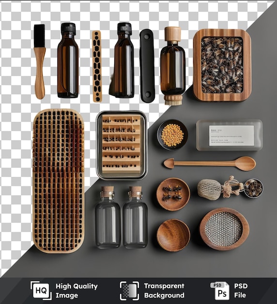 transparent background psd urban beekeeping set featuring a wooden spoon glass bottle and small black bowl