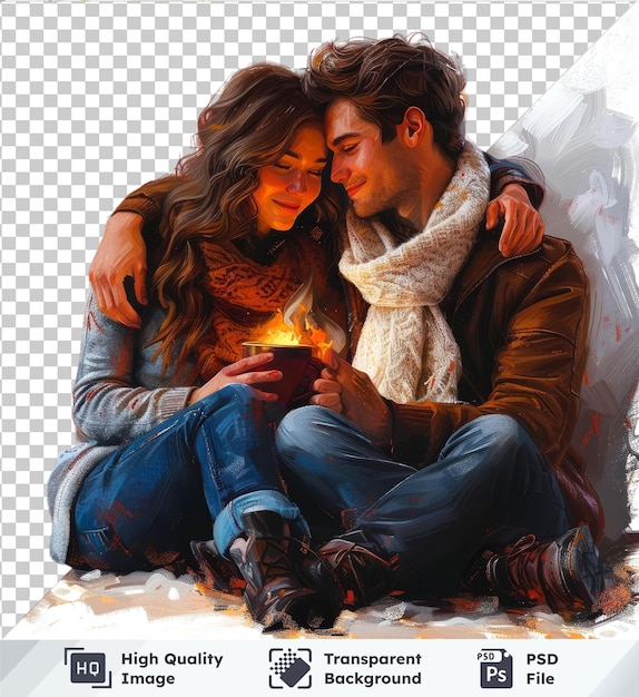 transparent background psd vector couple in love sitting near the fireplace with coffee mugs