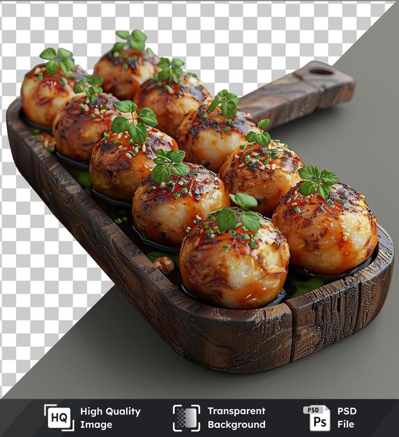 transparent background psd vegetable takoyaki in a wooden tray